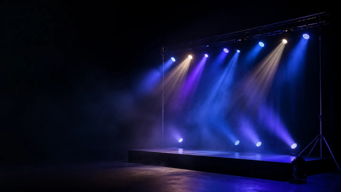 Atmospheric concept image of blue and violet stage lighting beams moving through haze.